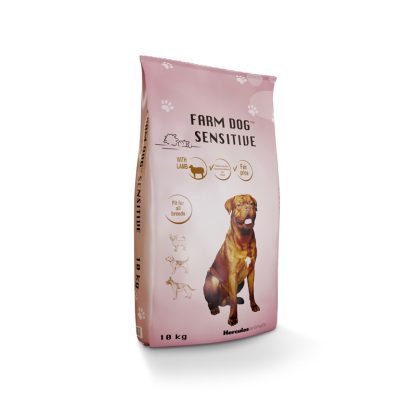 Sausā barība Farm Dog Sensitive produkta maiss maigi rozā krāsā